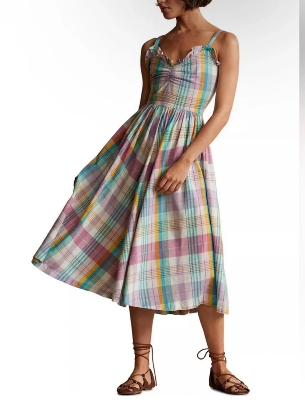 NWT POLO RALPH LAUREN SPAGHETTI STRAP RUFFLE MIDI PLAIDS FIT&FLARE DRESS SIZE 6